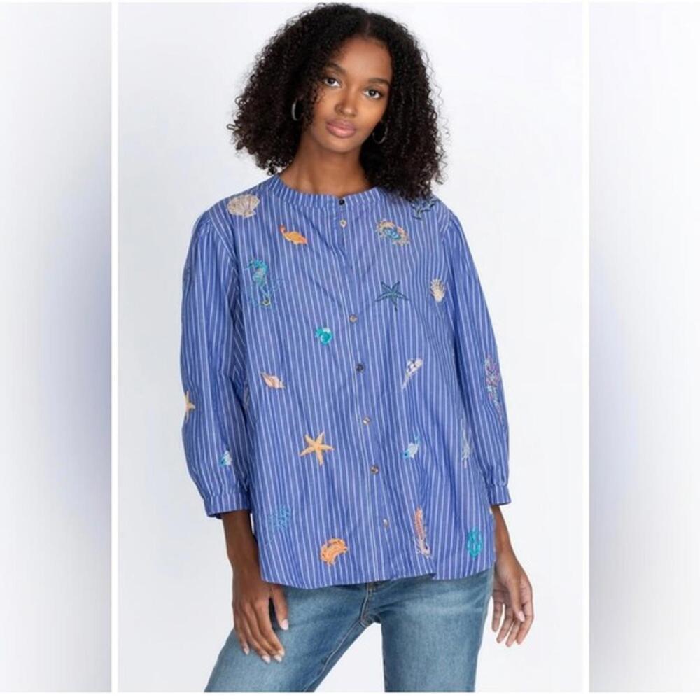 Johnny Was Workshop Women's Striped Sea Life Embroidered Button Shirt - Size XS